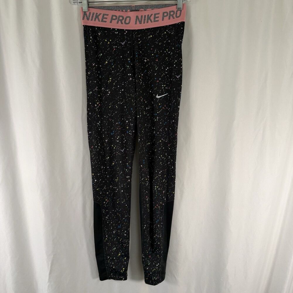 Nike Pro Leggings Youth Girls XL Black Speckled Pull On Dri Fit 28" Inseam